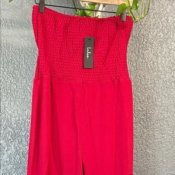 Bow Up Brick Red Smocked Strapless Wide-Leg Jumpsuit - Picture 8 of 9